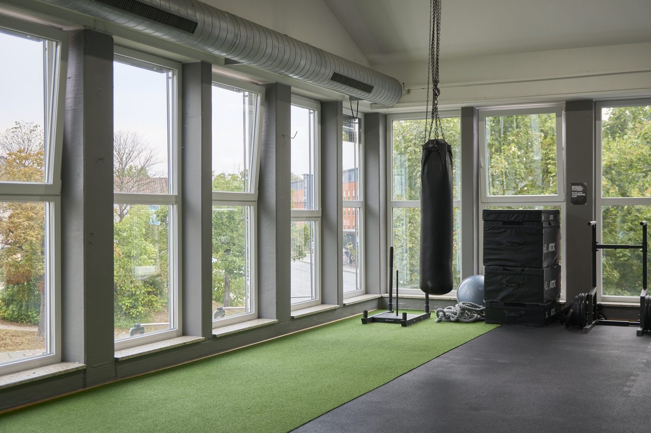 Freifl&auml;che mit Kunstrasenbahn, Schlitten, Boxsack und Sprungk&auml;sten f&uuml;r Boxen, Calisthenics und Athletiktraining